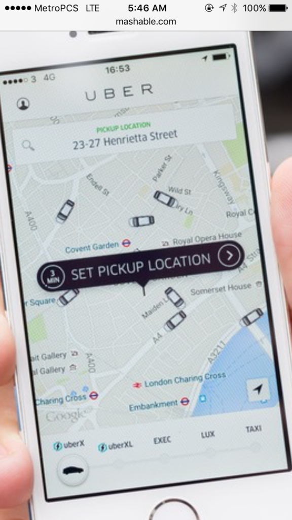 Phone screen showing the Uber app pickup map