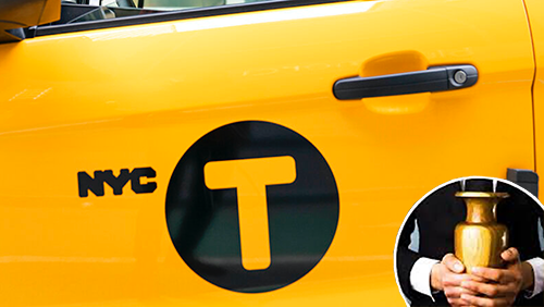 Yellow NYC taxi door with an inset of hands holding a memorial urn