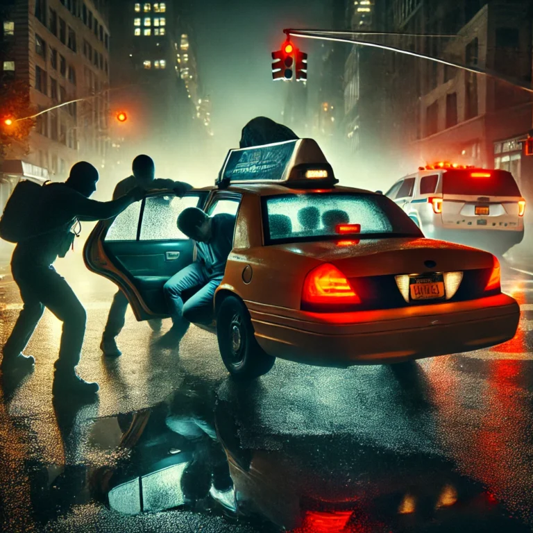 Illustration of a robbery at a yellow taxi at night
