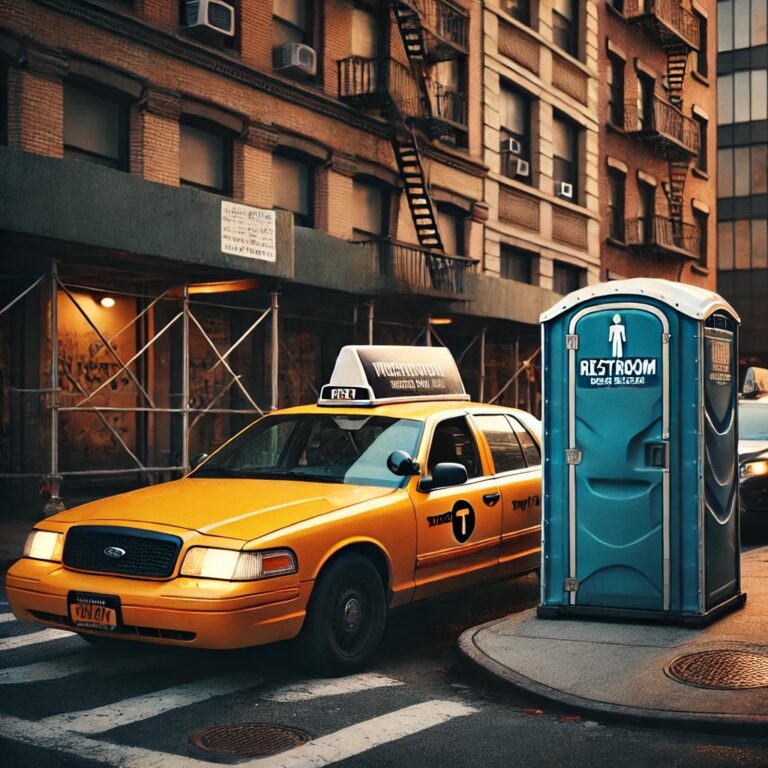 Illustration of a yellow taxi parked beside a portable restroom on a city street