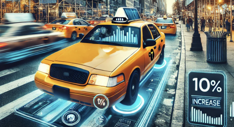 Illustration of a yellow NYC taxi with a 10% increase graphic