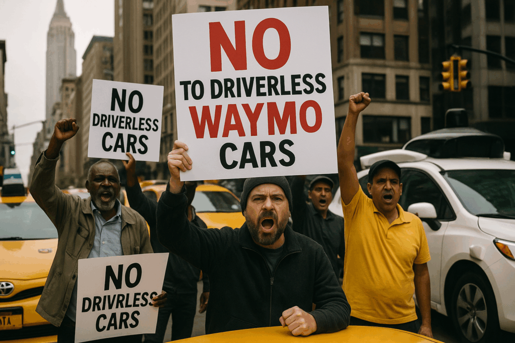 Taxi drivers protesting with signs reading No to Driverless Waymo Cars