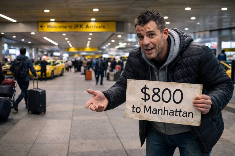 Man holding a sign reading $800 to Manhattan in the JFK Airport arrivals hall