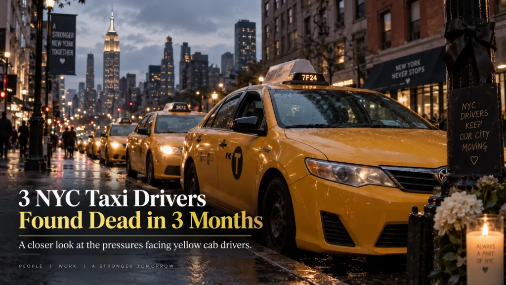Yellow taxis lined up on a rainy Manhattan street at dusk beside a memorial with flowers and candles